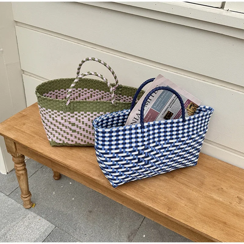 Handgefertigte Colorblock-Webtasche, Damen-Sommer-Tragetasche, Sommer-Einkaufstasche für Strandurlaub, Picknick, Haustiertransport – Detail 2