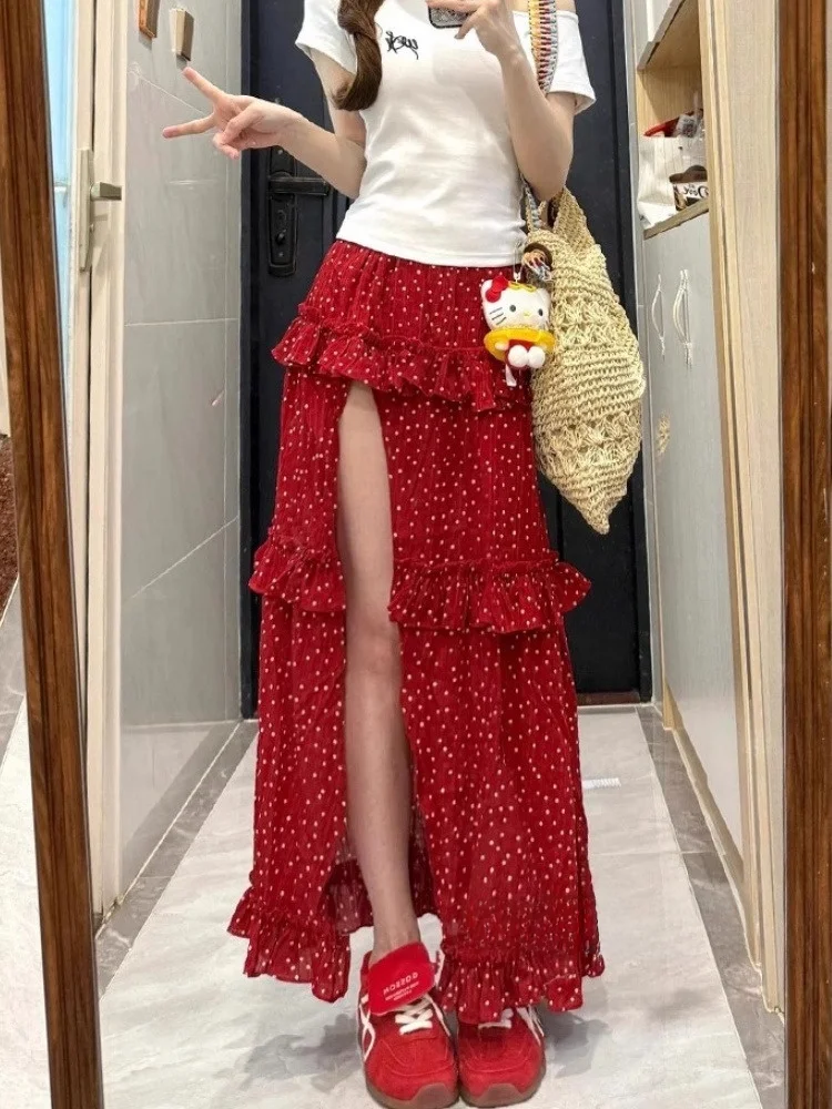 

Юбка Ele Red в горошек с разрезом f, женская модная дизайнерская юбка, длинная юбка с экспозицией ног, торт, поездка на работу, сценарии Ci