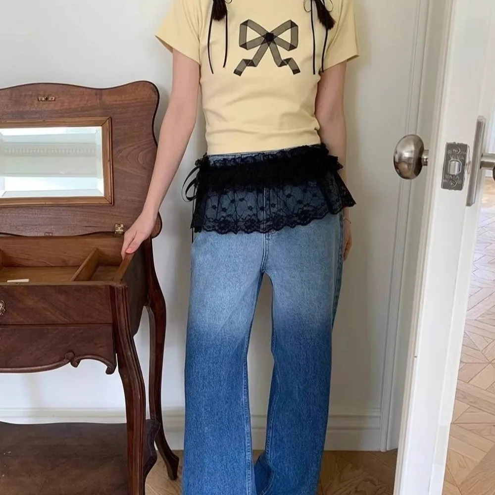 Minigonna in pizzo moda Y2k Gonna corta in garza stile coreano Gonna a vita alta con lacci e bordo arricciato Streetwear