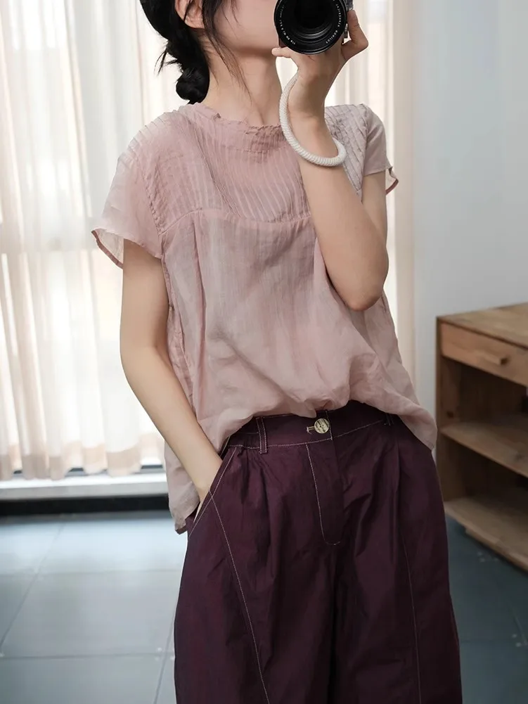 

Женский летний тонкий дышащий хлопковый льняной топ ort Sve irt, уникальный передний Ba, круглый повседневный свободный топ