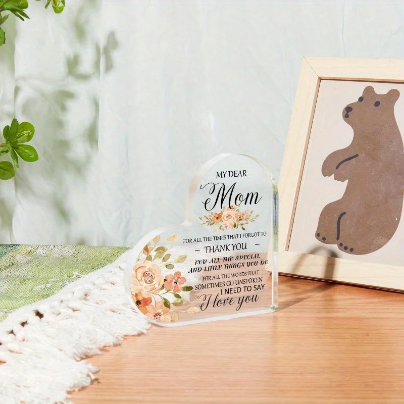 2D Flat Heart Acrylic Souvenir, Floral Gift for Mom from Daughter, Mother's Day Home Decor Sign