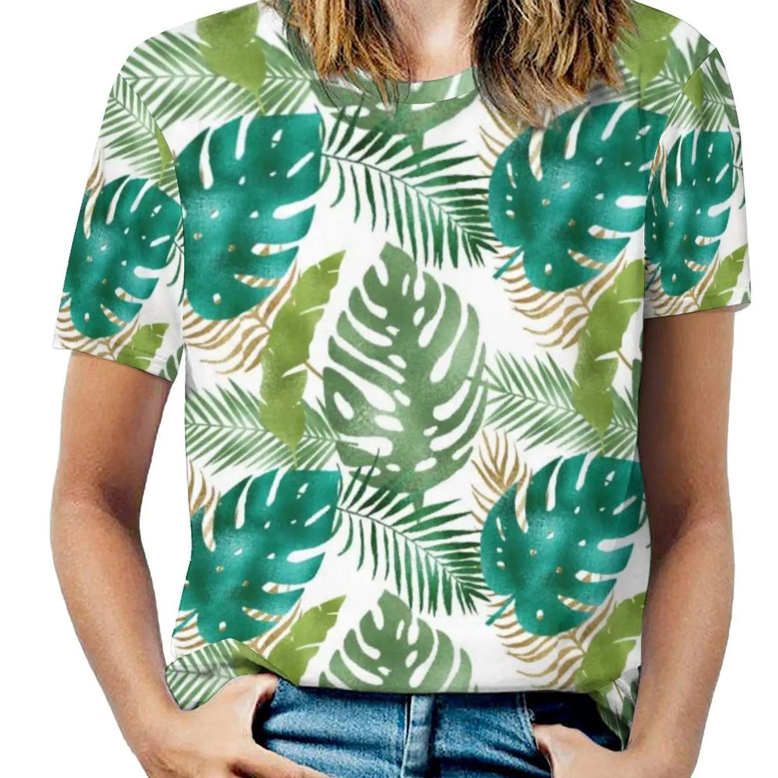 Big Size Variety Metallic Colors T-Shirts Green Palm Leaf Basic T-Shirt Short Sleeve Women Aesthetic Tee Shirt Summer Top Tees