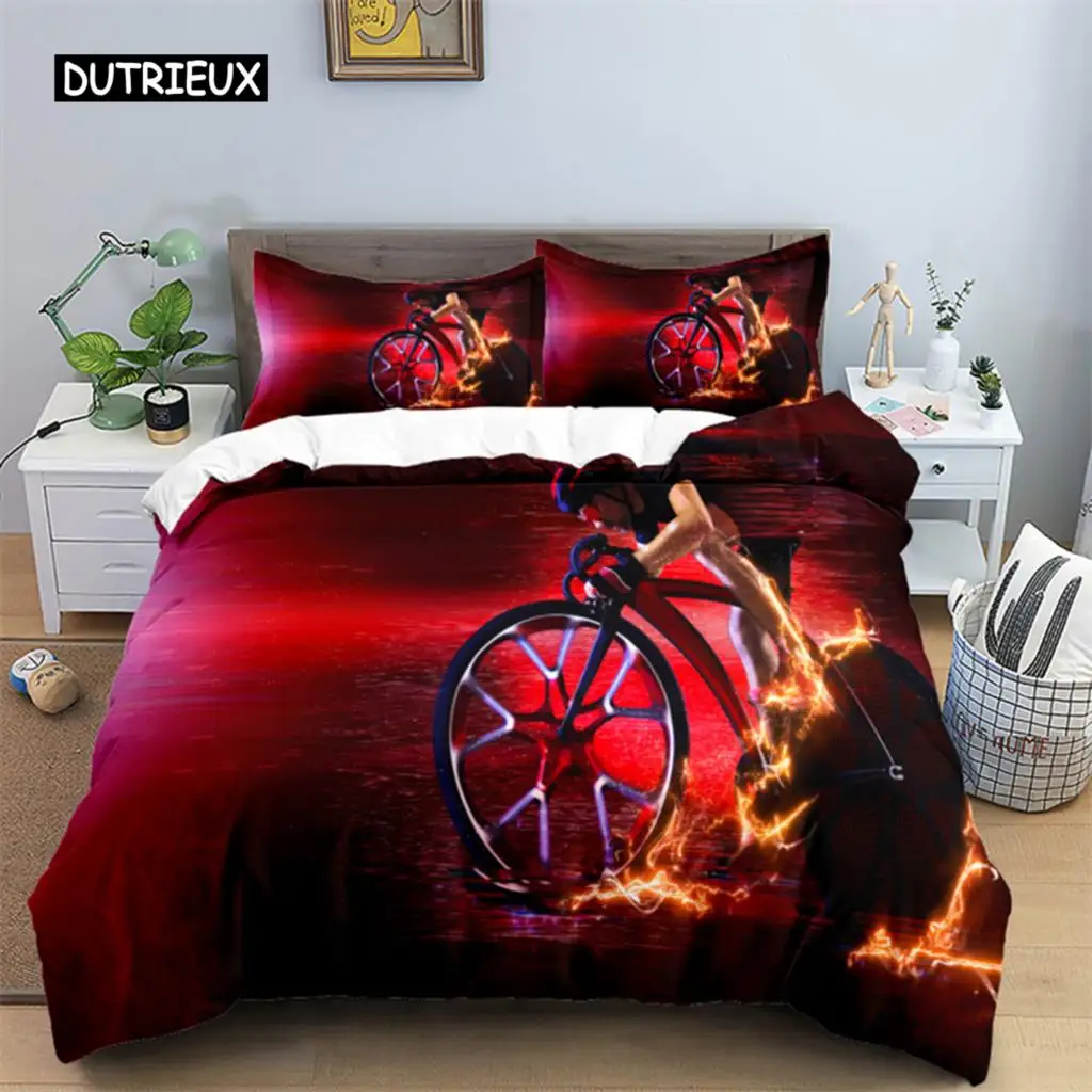 Bike Cycling Print Bedding Set Sport Style Duvet Cover Mountain Bike Quilt Cover With Pillowcases King For Teen Adult Room Decor