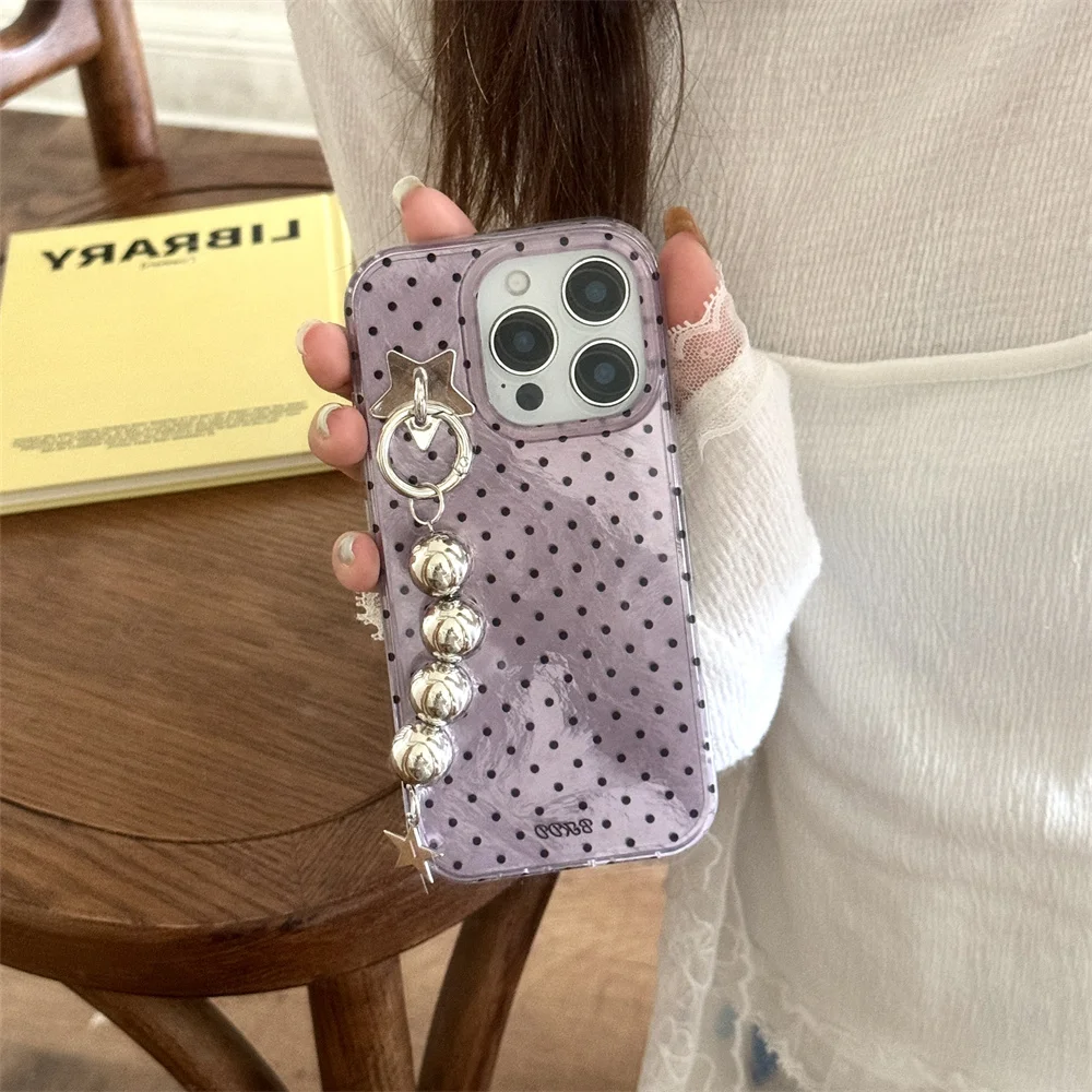 

Korean simple polka dot phone case for iPhone 13 14 16 15 Pro Max 16Pro cover with Hello Kitty charm cute shock protection cover