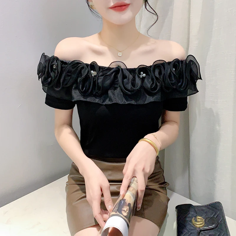 Black Summer Korean Style Cotton T-Shirt Sexy Off Shoulder Ruffles Patchwork Beading Women Tops Short Sleeve Tees 2024 New 4462