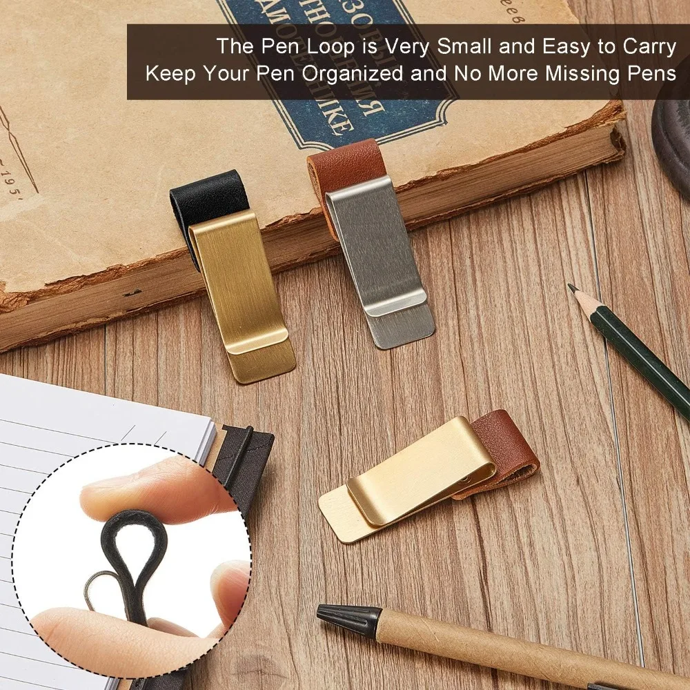 Handgemaakte lederen messing roestvrijstalen pennenhouder Clip Journal Notebook Bladwijzer Papieren map Schrijven Kantoorbenodigdheden Pen Loop