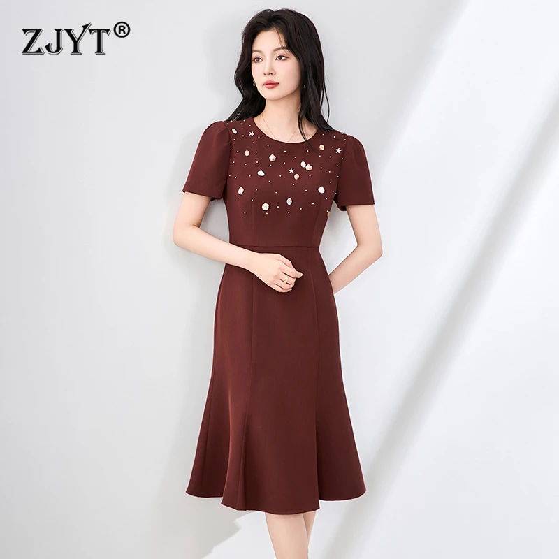 

ZJYT Women's Fashion Summer Beading Mermaid Dress Short Sleeved Elegant Slim Fit Vintage Casual Office Lady Dresses Female Robes