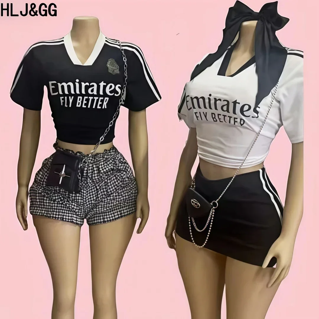 

HLJ&GG Fashion Letter Mini Skirts Two Piece Set Women V Neck Short Sleeve Loose Tshirt + Skirts Outfit Lady Sporty 2pcs Clothing