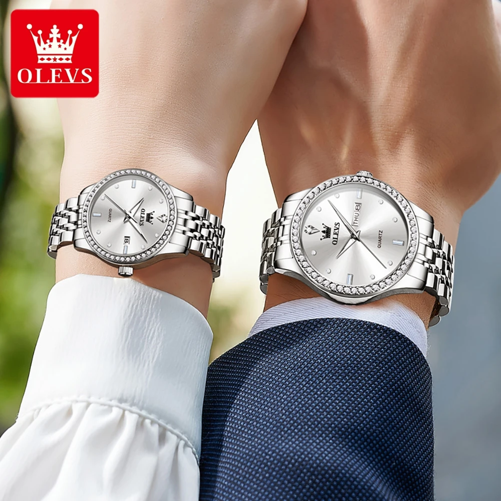 OLEVS-Montre de couple en diamant en acier inoxydable étanche, montre à quartz d'affaires, marque de luxe, classique et décontractée, 3625