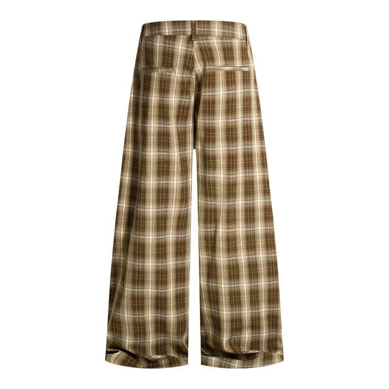 Oversized Wide Men's Leg Plaid Pants Retro Brown Streetwear Inspired Pleated Trousers Casual Urban Fashion Bottoms THX7