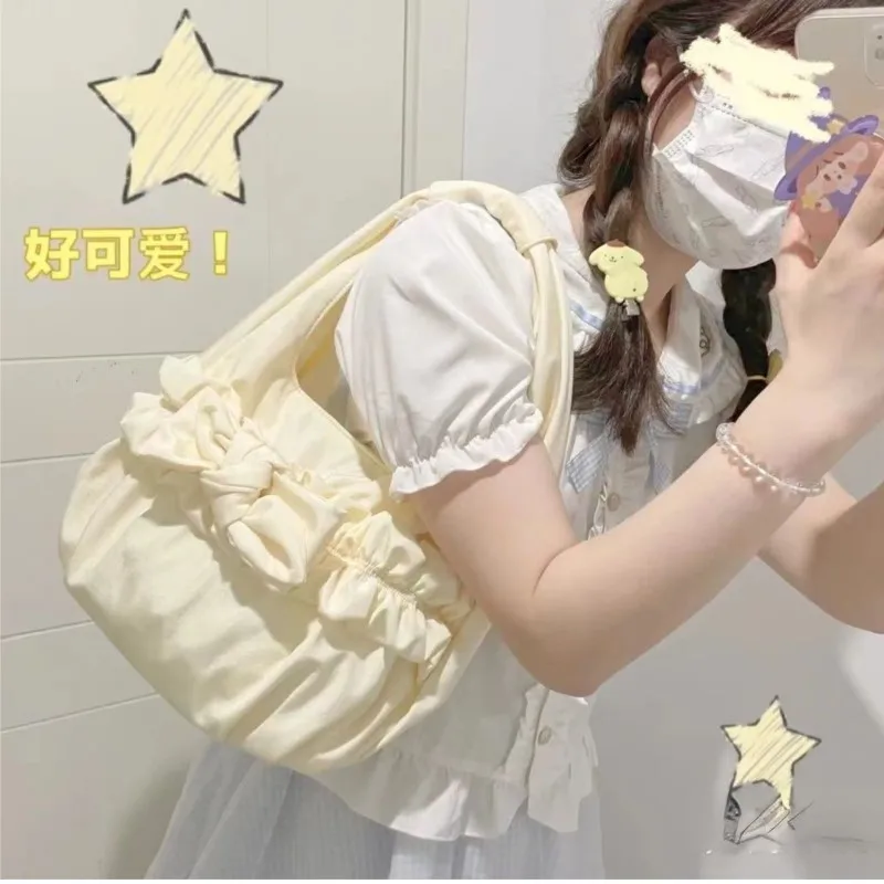 JIAERDI Harajuku Bow Beige Shoulder Bags Women Lolita Sweet Canvas Handbag Female Fairycore Aesthetic Kawaii Underarm Bag Y2k