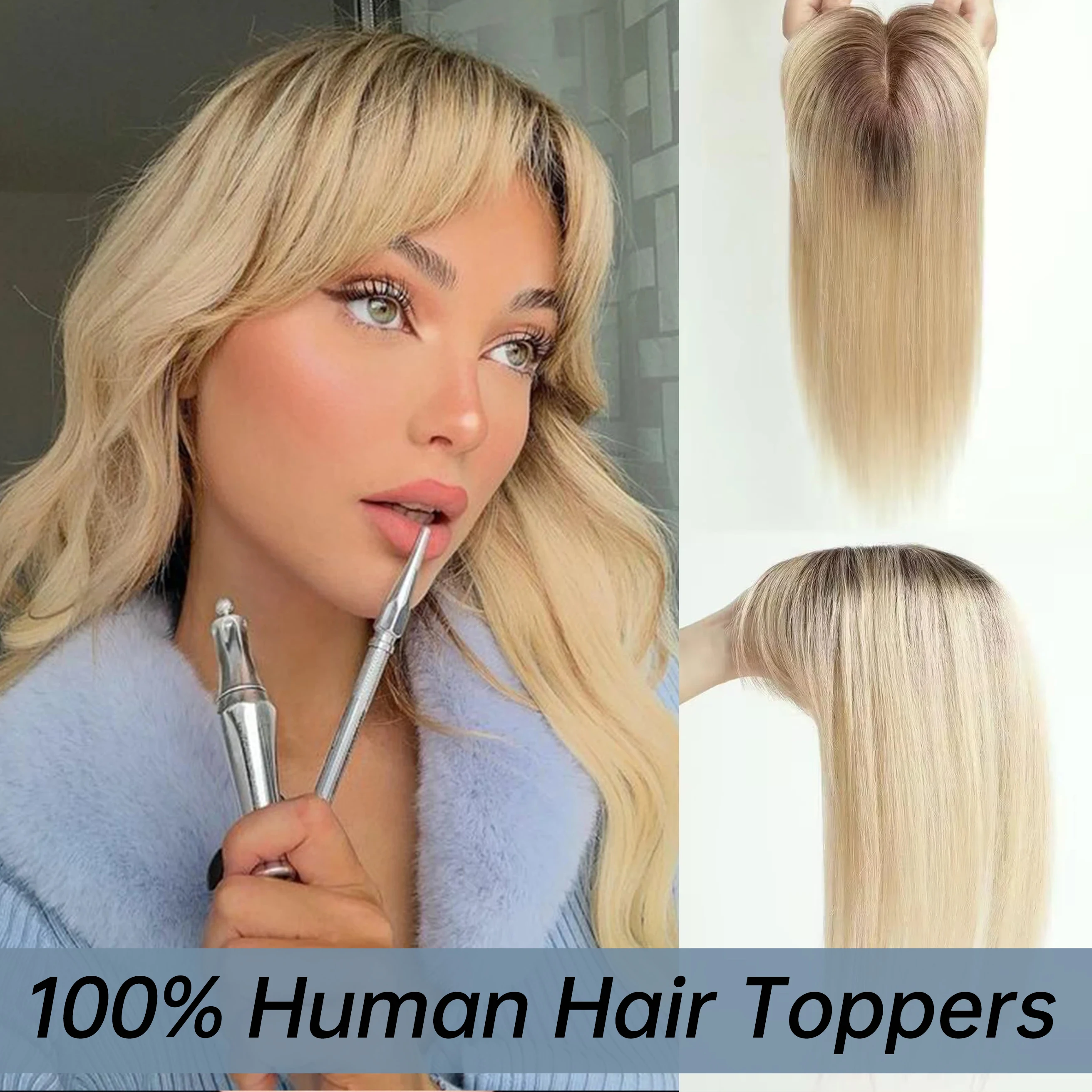 Blonde Ombre Human Hair Toppers with Bangs Real Remy Hair Topper Silk Base Clip in Toupee Hair Pieces for Women Afro Hair Loss