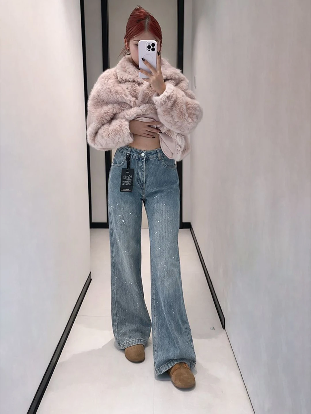 

plus Size American Retro Star Denim Jeans Women's High Waist Wide Leg Pants Loose Fit Slimming Diamond Design Casual Wear