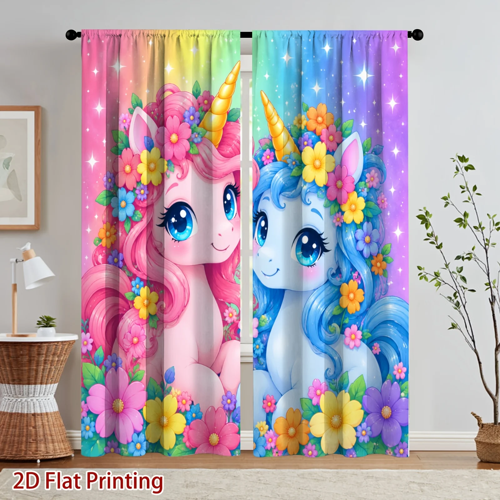 Rainbow Unicorn Curtain Panels, Pink Blue Unicorn Vivid Flower Sparkling Star Print Drapes for Apartment Cute‑tone Living Space