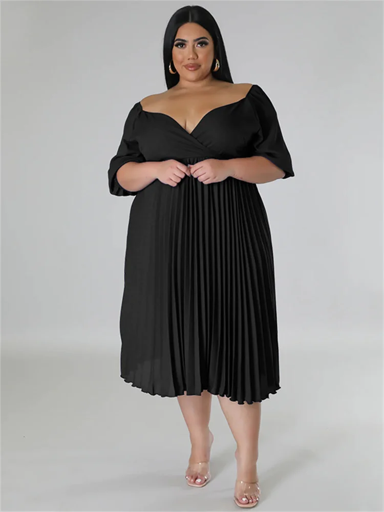 Wmstar Plus Size Women Clothing Dresses for Women Party Solid  V Neck Maxi Dress Fashion Pleated Outfits Wholesale Dropshipping