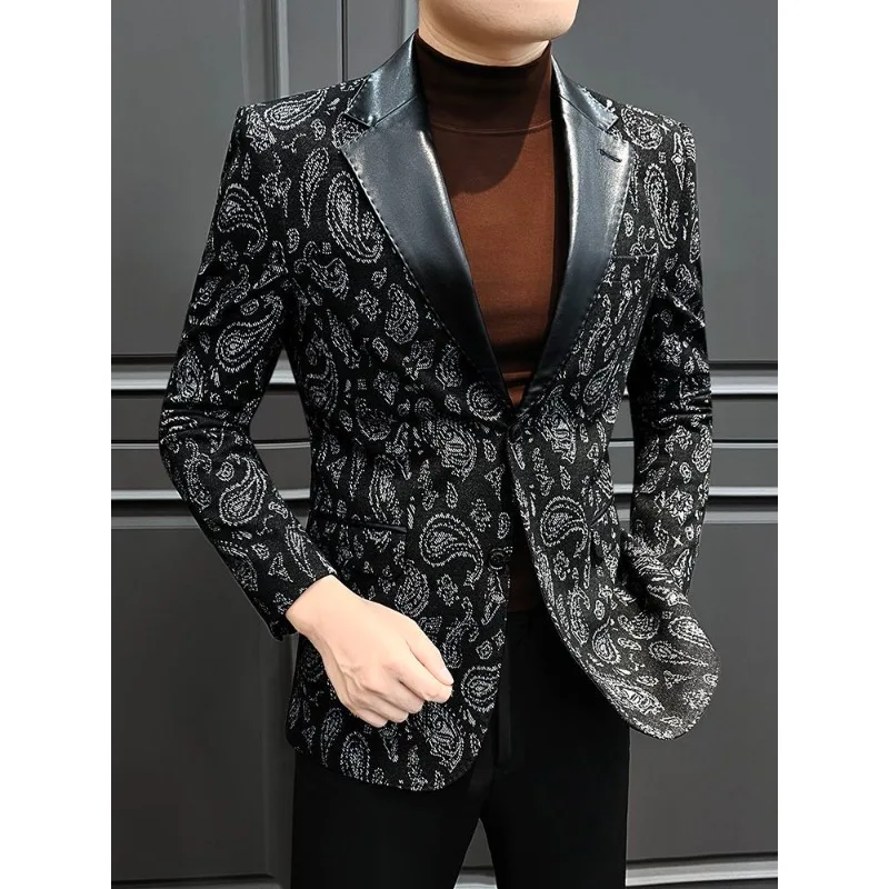 

Верхняя одежда, осенний новый высококачественный пиджак с кожаным воротником, мужской пиджак с принтом, стильный и шикарный повседневный костюм с цветочным принтом, модная куртка