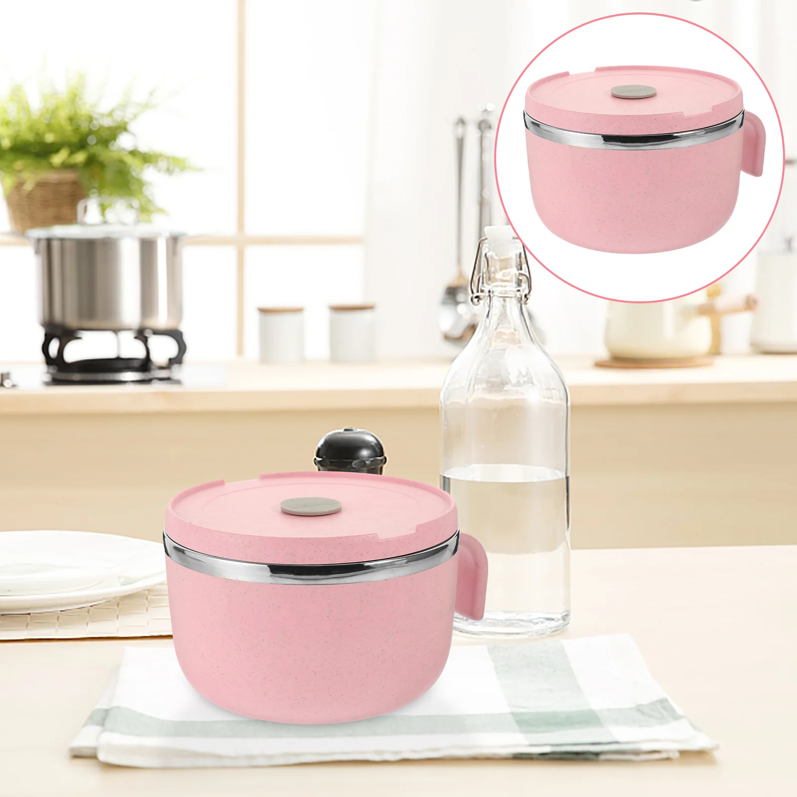 

Stainless Steel Bowl Large Capacity Smooth Surface Leak-Free Lid Handle Portable Ramen Lunch Bowl for Students