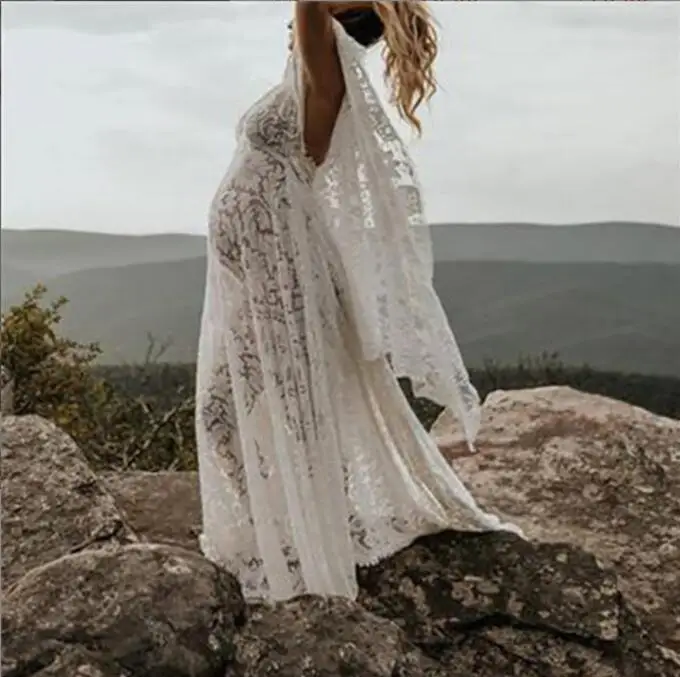 Neue Umstandskleider für Fotoshooting, Damen, Schwangerschaft, Spitzenkleid, Fotografie-Requisiten, sexy Langarm-Umstandskleid, geschwollenes weißes Kleid
