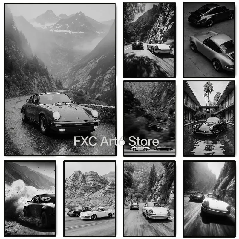 1PCS Frameless  Vintage Black and White Automotive Poster Famous Brand Sports Car Racing Photography Canvas Painting Wall Art Ro