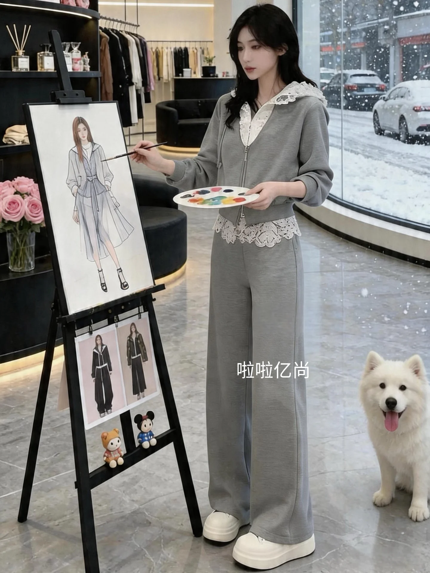 

Spring 2026 Korean Style Casual Sportswear Set Women's Patchwork Lace Grey Jacket Top Wide Leg Pants Two Piece Set