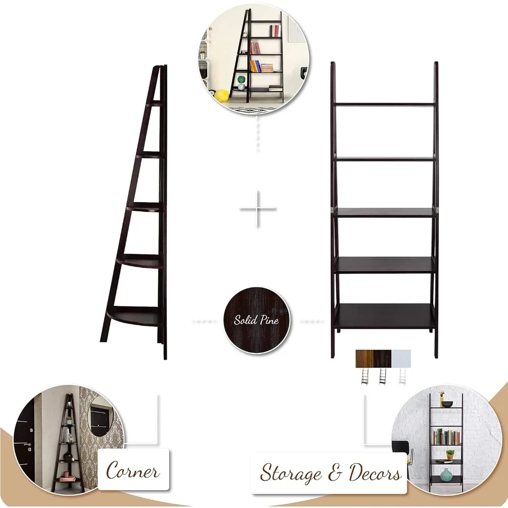 Casual Home Librería con escalera de 5 estantes de madera maciza 100%, 24,75 ancho x 16 profundidad x 72 alto, marrón cálido, estante con escalera independiente de 5 niveles