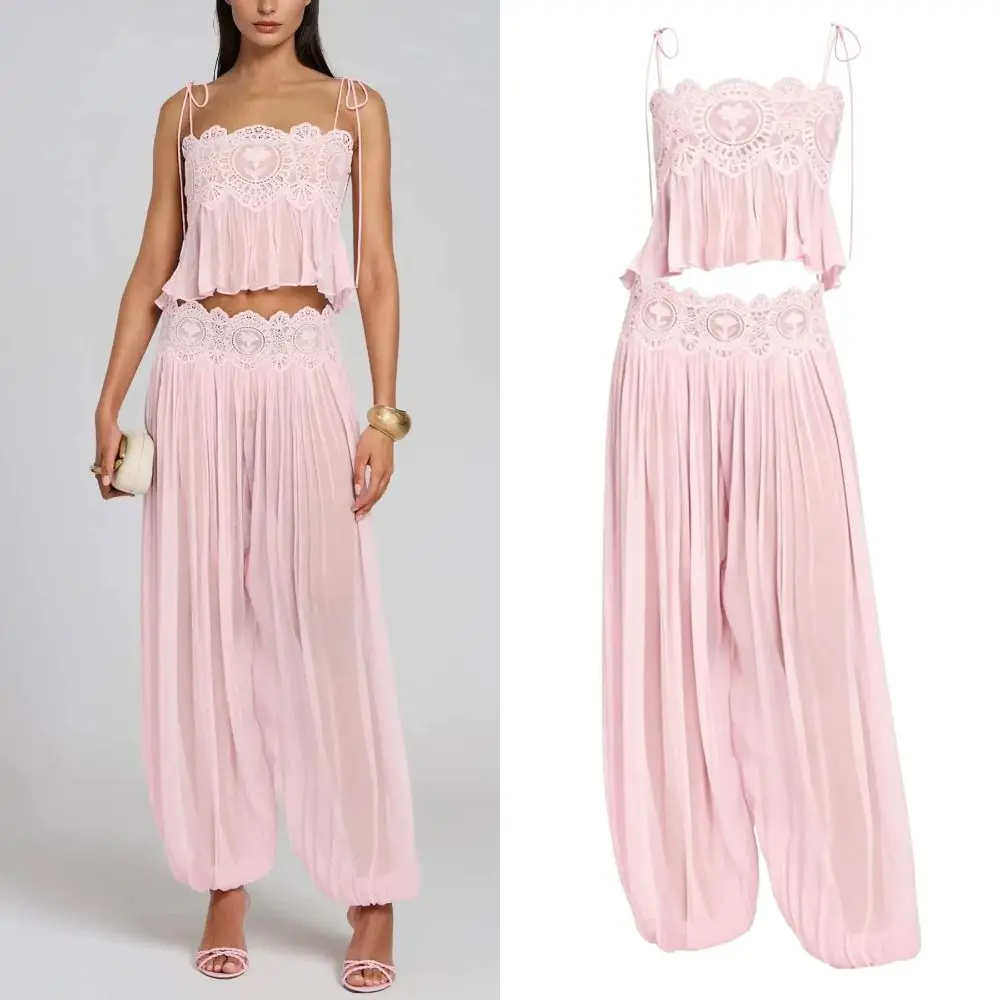 See Through Camisole Pants Sets Wide Leg High Waist Pleated Lantern Pant Square Neck Lace Trim Detail Camisole Tank Top Outfit