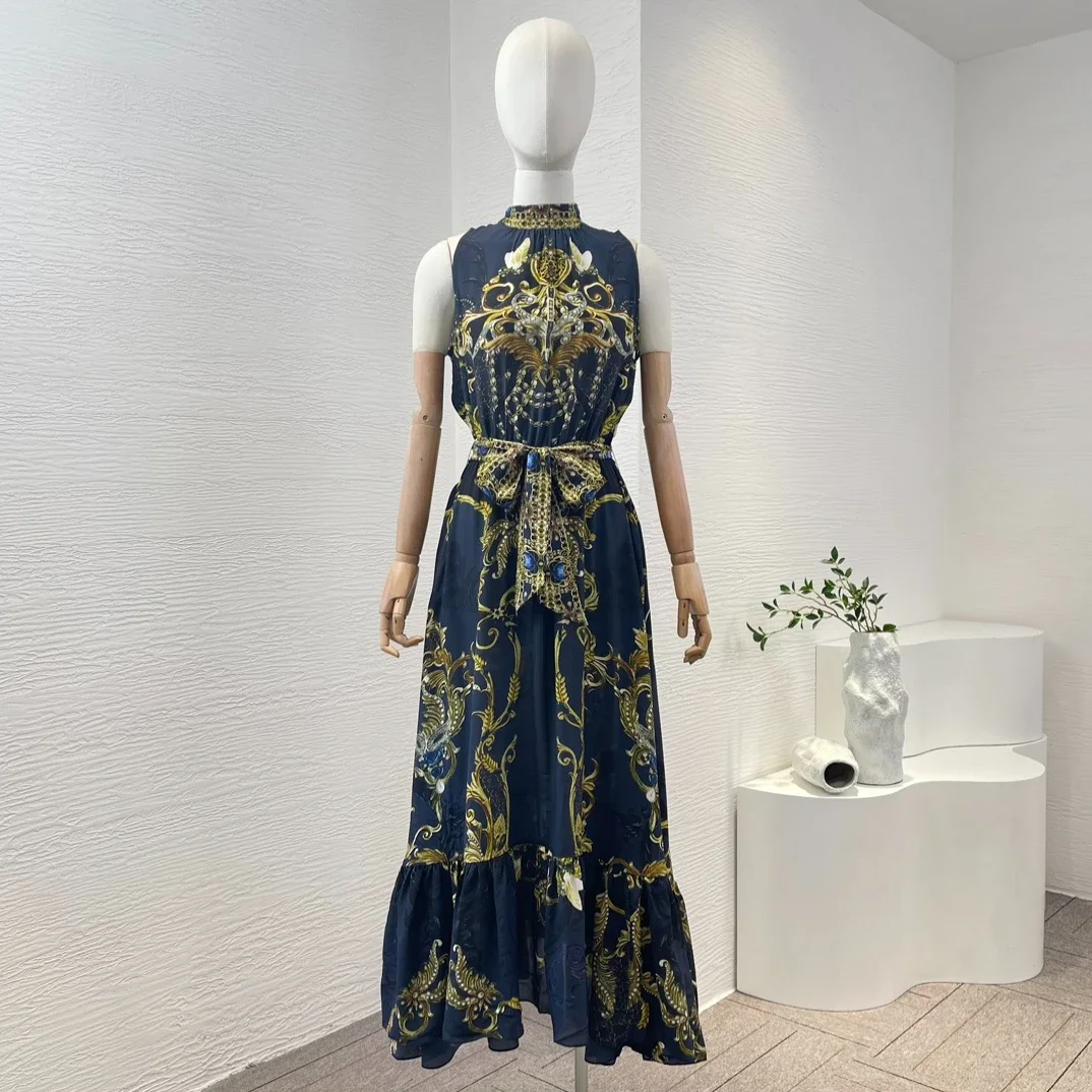 

2024 Spring Summer Black Golden Floral Print Diamonds Lace-up Silk Sleeveless Halter Maxi Dress