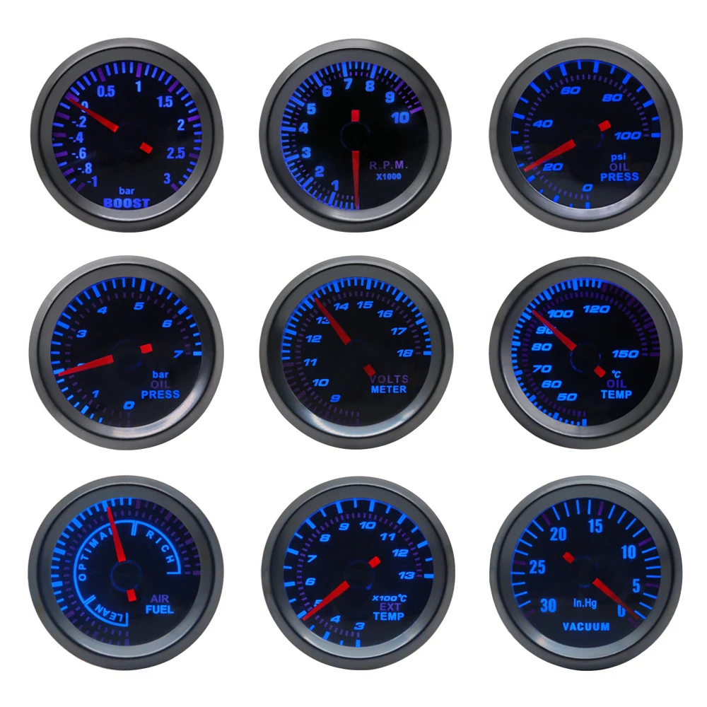 52mm Boost/Vacuum/Water Temp/Oil Temp/Oil Press/Voltage/Tachometer/Air Fuel Ratio/EGT Gauge Analog Blue Led+ 52MM Gauge Pods