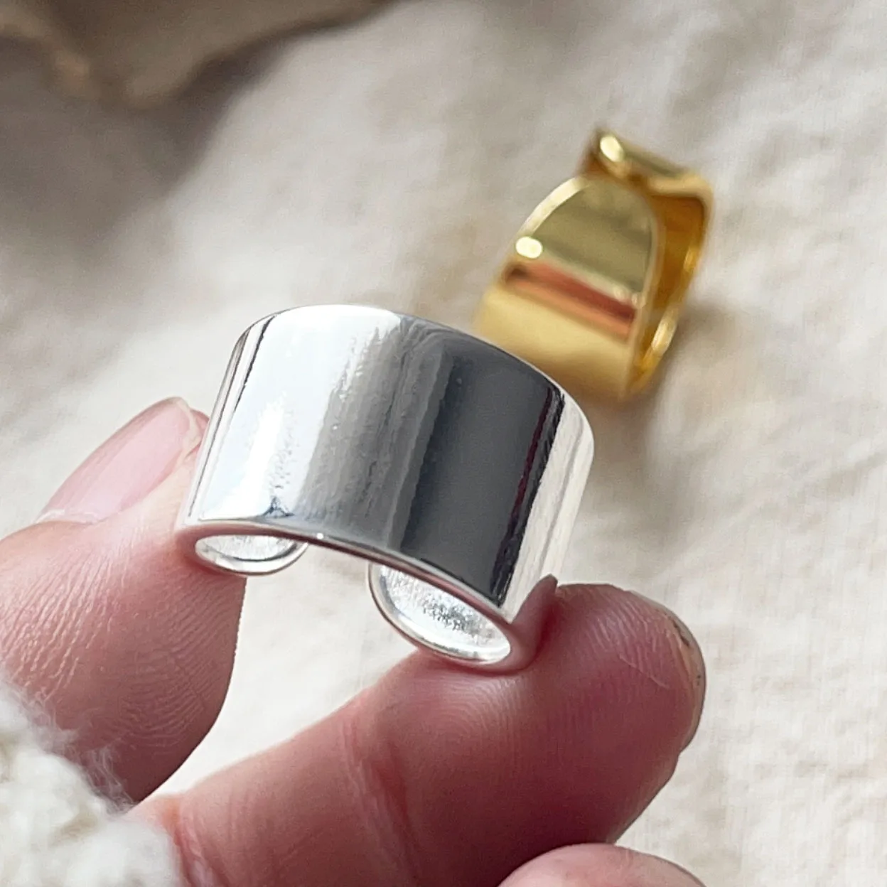 925 Sterling Silver Rings For Women Geometric Fine Jewelry Finger Adjustable Smooth Gold Wide Ring For Party Birthday Gift