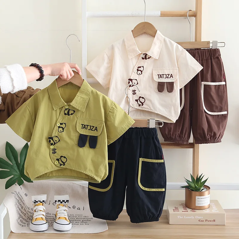 Boys summer short-sleeved shirt two-piece set new baby boy short-sleeved four panda Chinese style