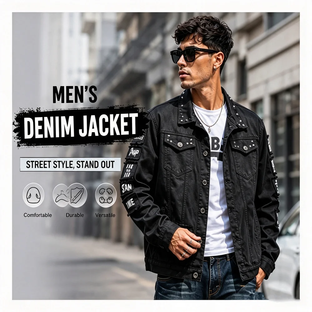 Autumn Men's Denim Jackets Vintage Man Punk Rivet Streetwear Jeans Jackets Classic Men Ripped Button Windbreaker Cow Boy Coat
