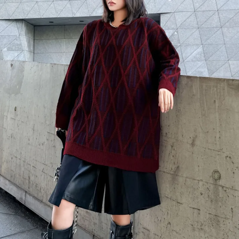 HKSH 2025 Autumn Winter New Women's Sweater O-neck Pullover Long Sleeve Diamond Pattern Color Block Jacquard Knitted Top HK14934