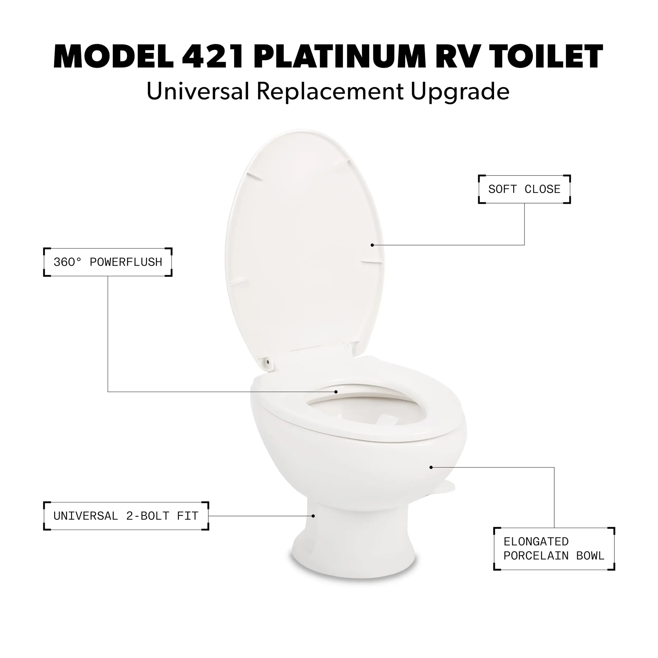 el 421 Platinum RV Toilet – Elongated Porcelain Bowl, Unil Fit & 2-Bolt Mount, Low-Profile 13–5/8