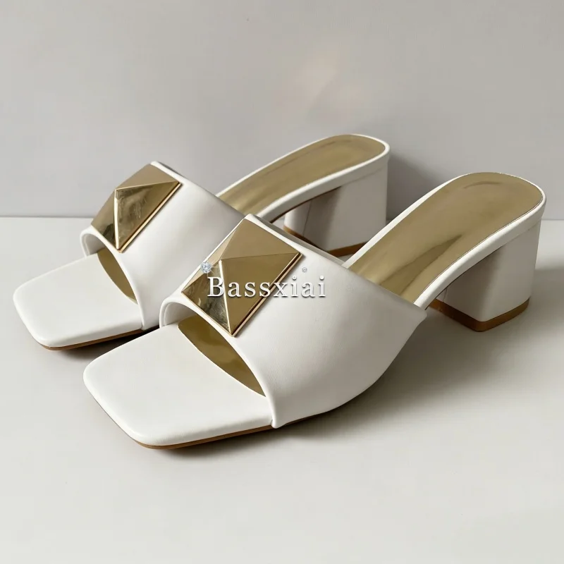 Concise Style Slingbacks Outwear Mules Summer Med Heel Big Rivet Decor Slim Sandals Women view 3