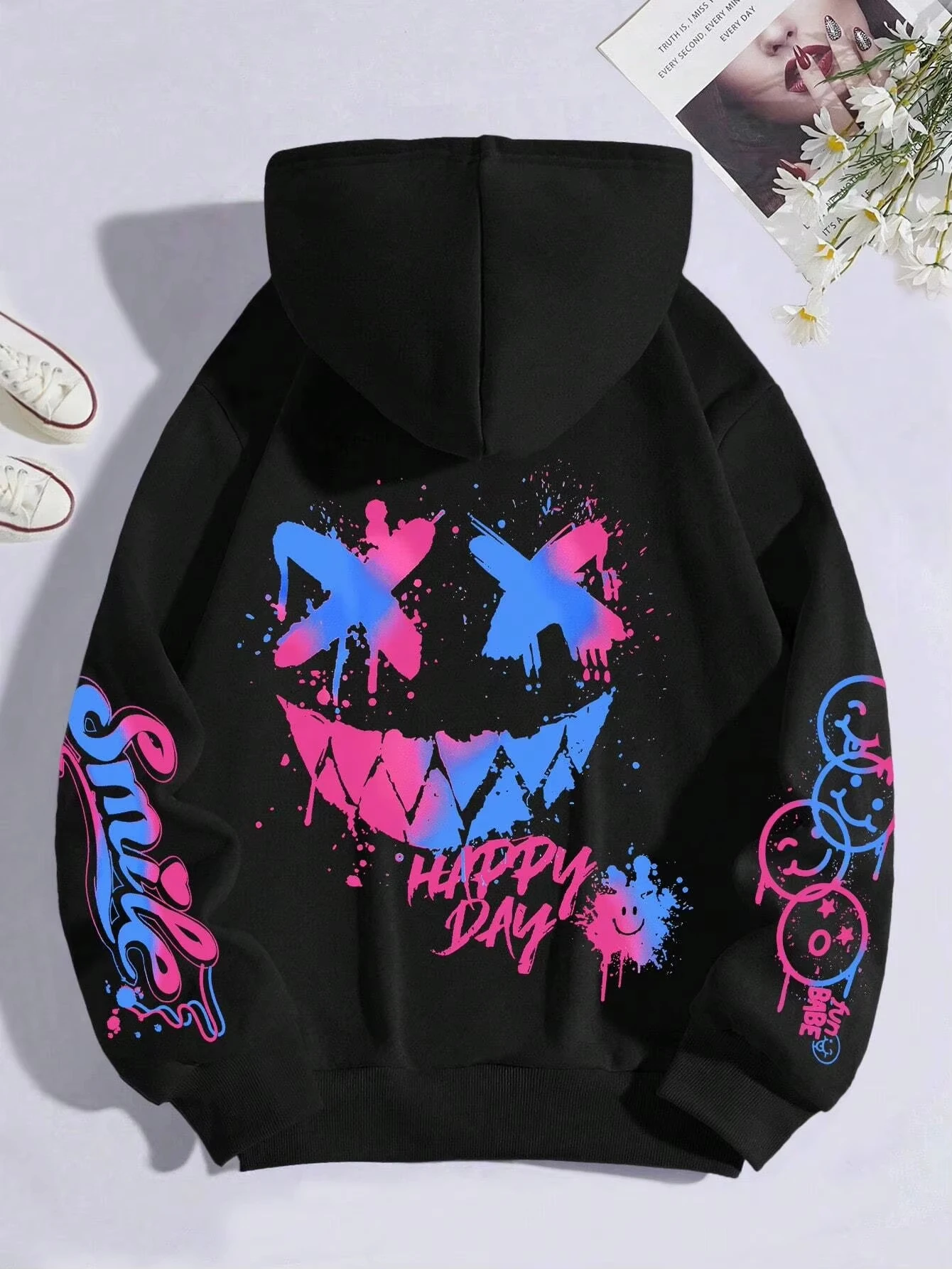 

Hot Happy Day Graffiti Print Hoodie Street Hip Hop Hoody Women Men Fashion Crewneck Versatile Hoodies Vintage Oversize Clothes