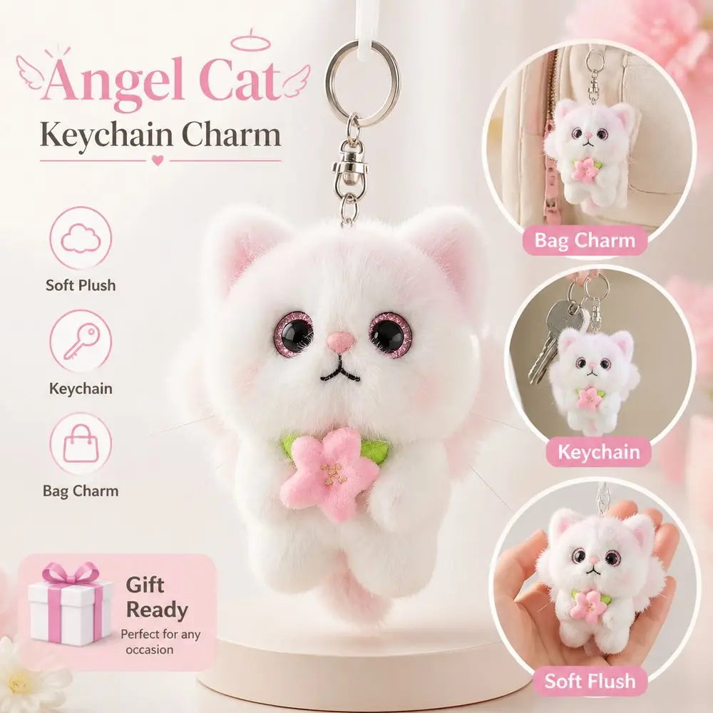 Kitten Pendant Cat Keychain Soft Furry Texture Winged Cat Pendant Cute Style Realistic Kitten Shape HandBag Pendant