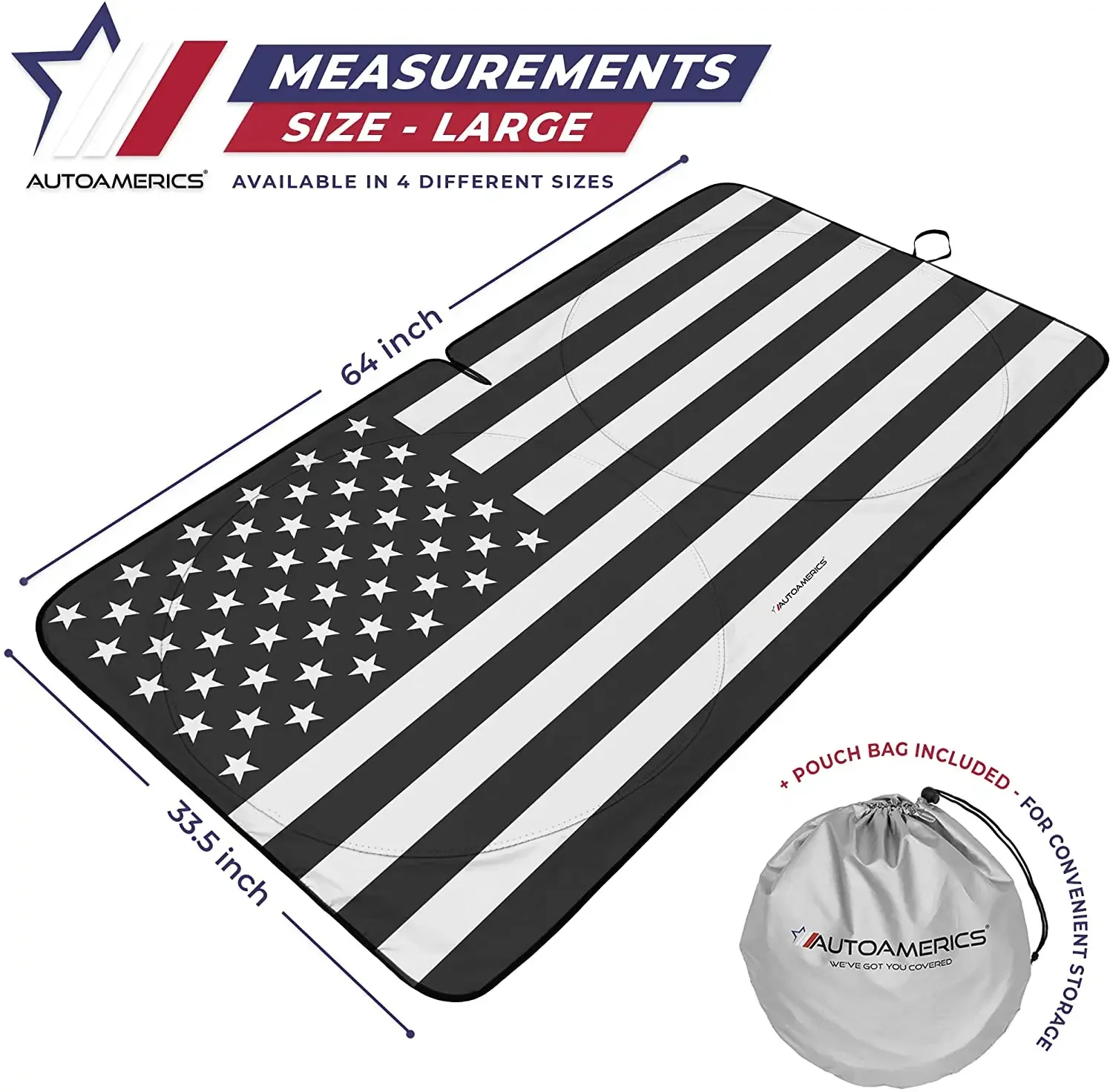 Autoamerics 1-Piece Windshield Sun Shade B&W American Flag USA Patriotic Design - Foldable Car Front Window Sunshade for Most