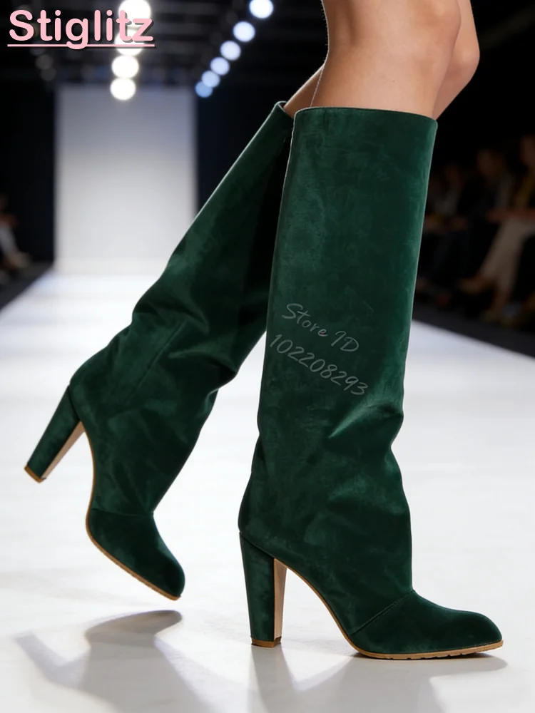 

Concise Red Suede Knee-high Boots Pointed Solid Shallow Slip-on Straight Modern Boots Square Heel 2026 Women New Fashion Shoes