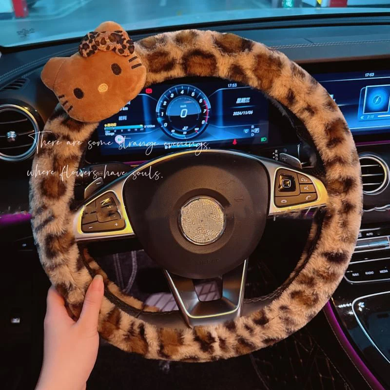 Hello Kitty Car Steering Wheel Cover Handlebar Cover Doll Plush Non-Slip Warm Leopard Print Cute Cartoon Car Accessories Gift