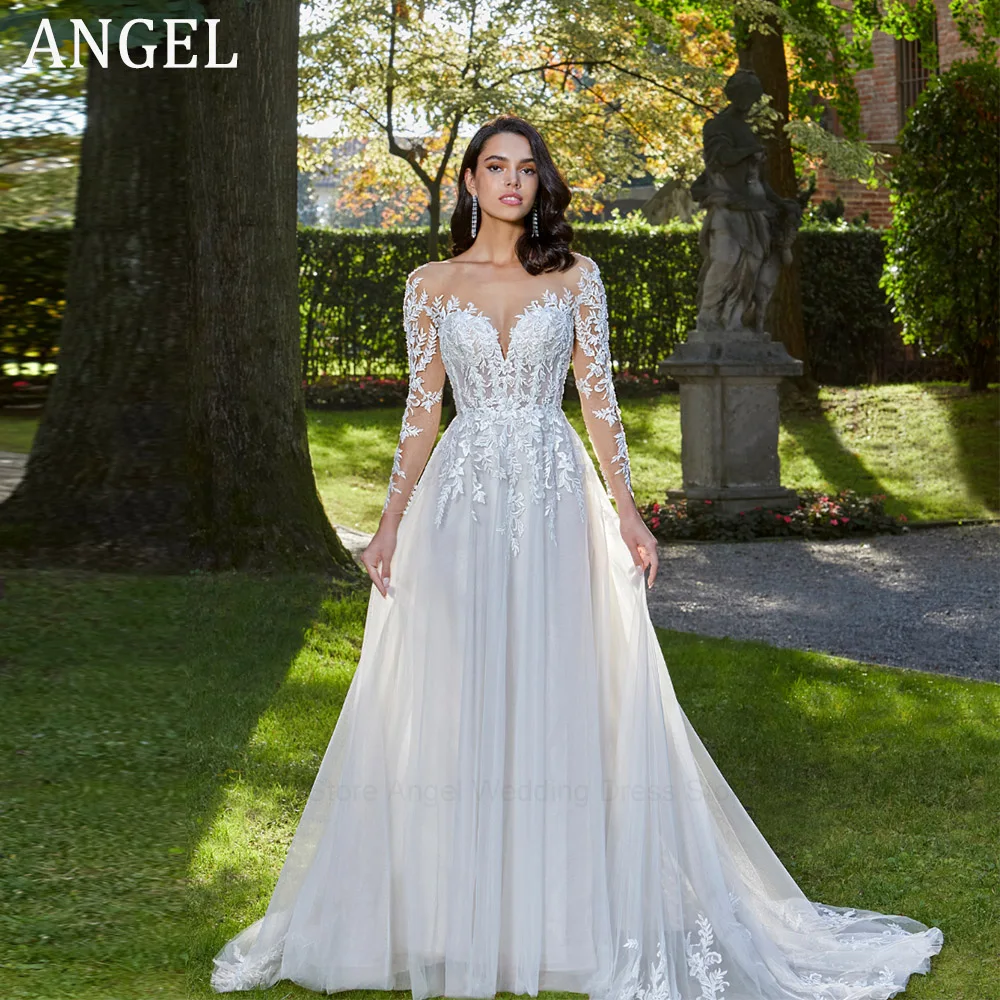 Anjo elegante vestido de casamento personalizado sexy sem costas tule vestidos de noiva renda applique a linha o-pescoço vestido de noiva 2025