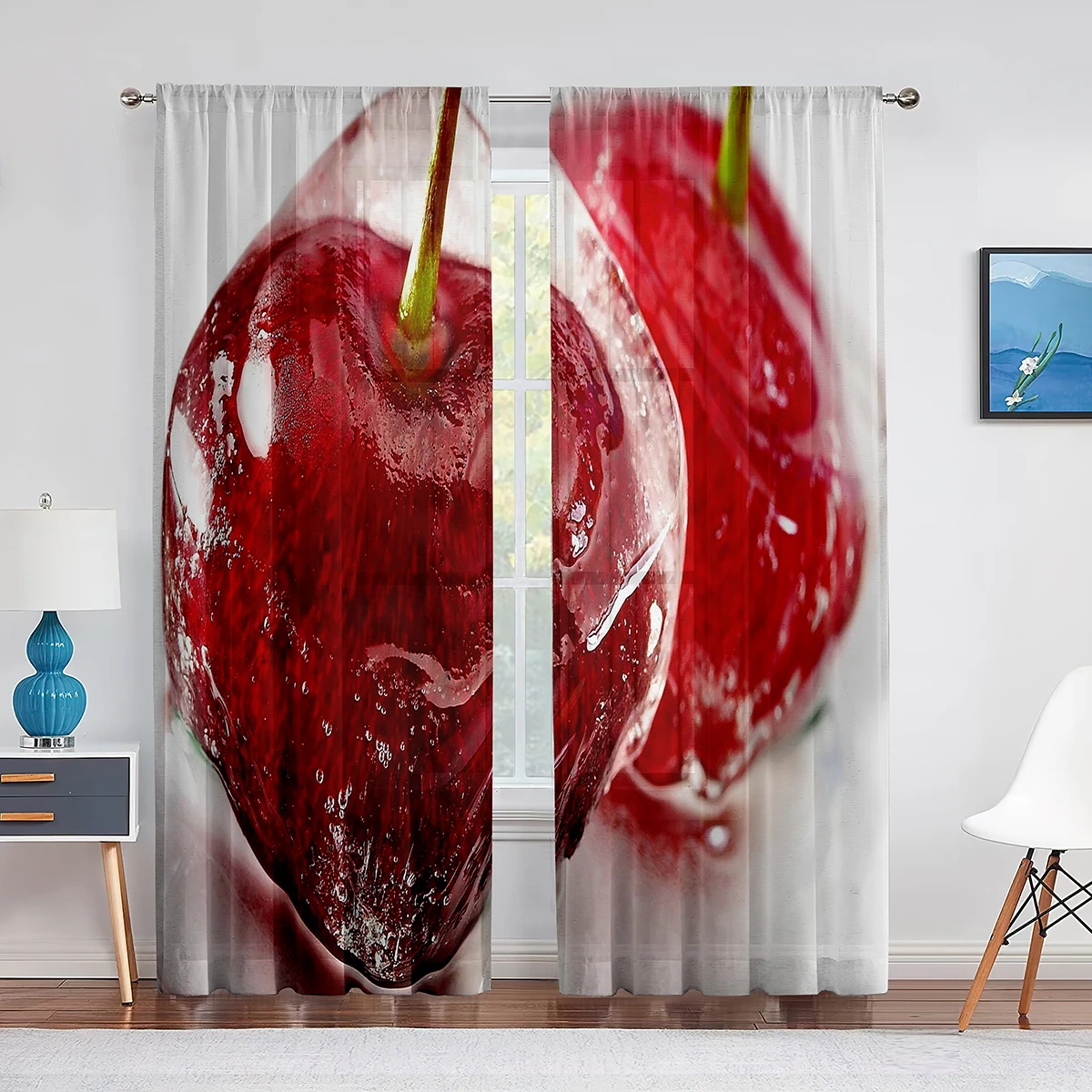 Fruit Cherry Pattern Design Pink Sheer Curtain for Living Room Home Kitchen Bedroom Window Decor Curtains 2panels Rod Pocket