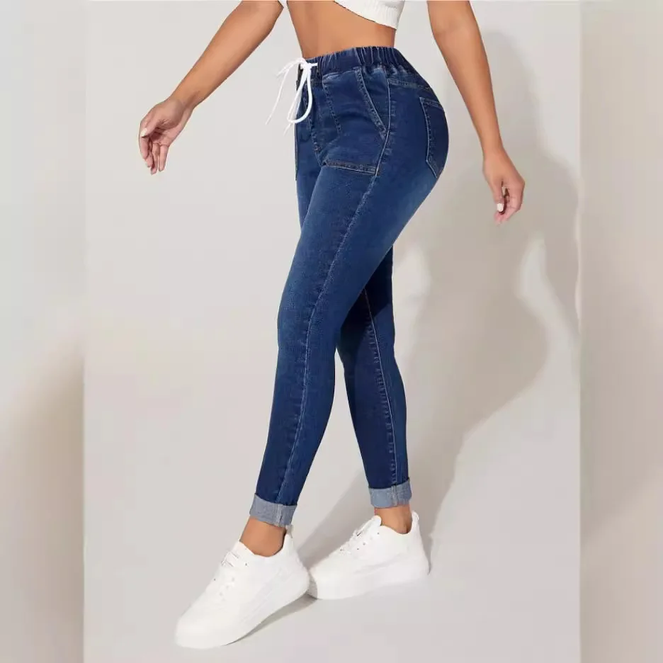 Rozciągliwe spodnie ołówkowe damskie wysokiej talii zasznurować w trudnej sytuacji Denim spodnie do kostek wąskie dżinsy 2024 Streetwear dżinsy vintage — zdjęcie 5