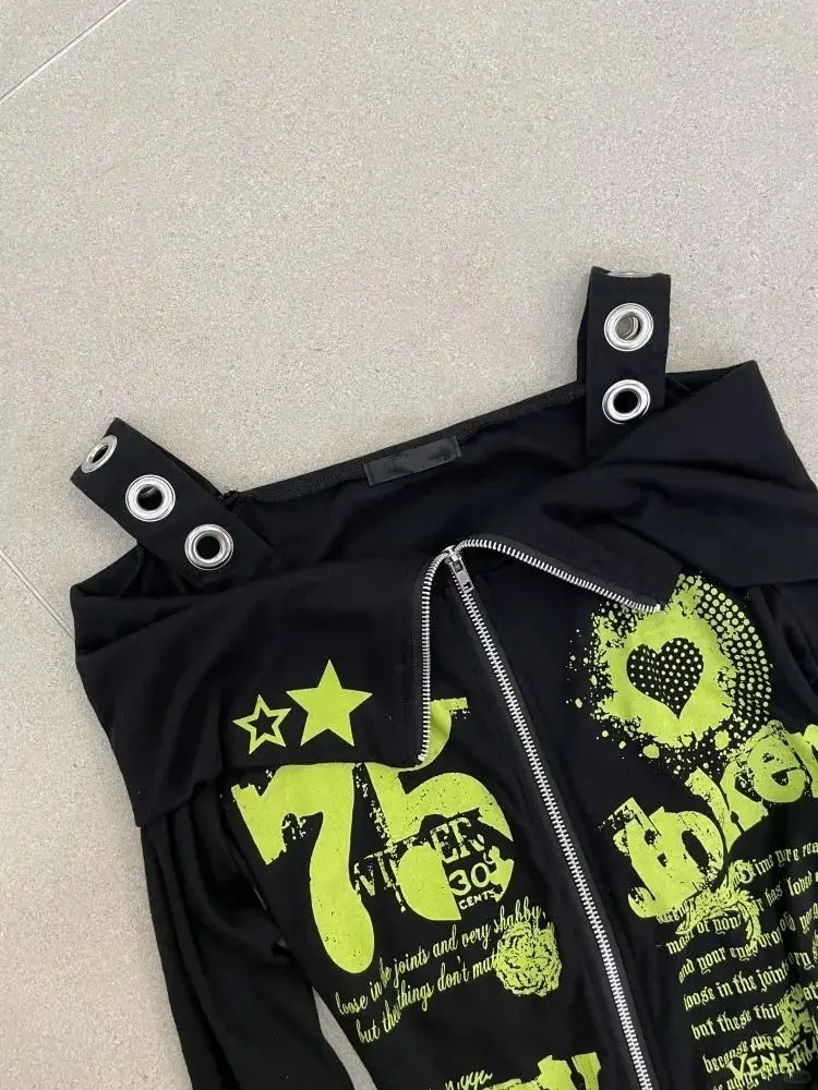 Original subcultura preto fora do ombro punk impresso hip abraçando jaqueta longa outono vintage picante menina fino ajuste zíper cardigan