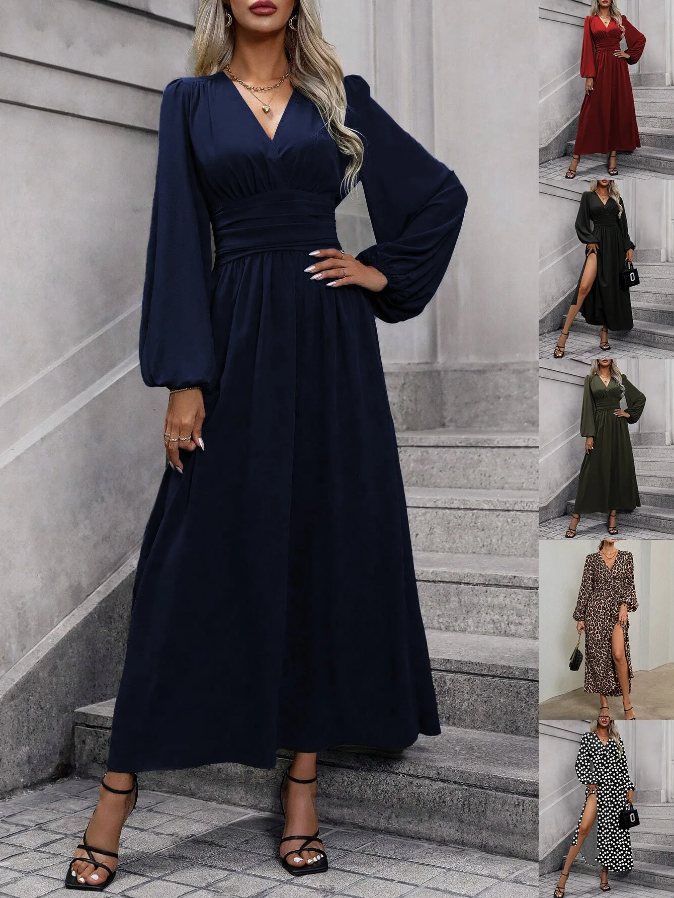 Französisches Retro-Kleid mit Laternenärmeln und Schlitz für Damen, Winter 2025, Strick-Bodycon-Maxikleid
