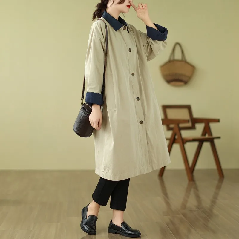 Spring Autumn Korea Fashion Women  Patchwork Turn-down Collar Single Breasted Long Coat All-matched Casual Cotton Trench P306