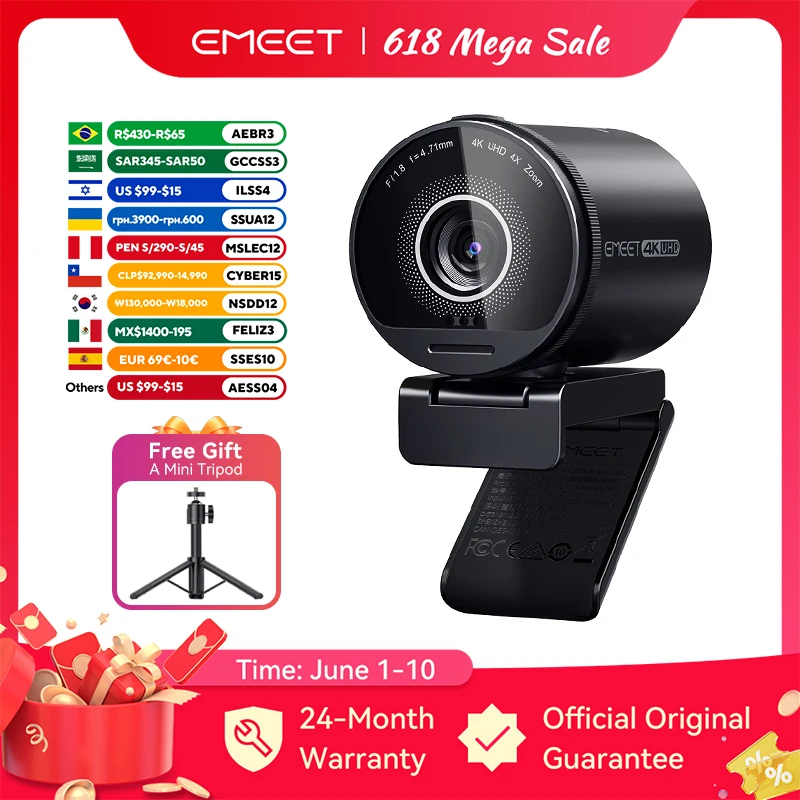 Webcam 4K UHD, caméra Web HDR, caméra vidéo en streaming avec capteur Sony, webcam USB EMEET S800 avec micros à double réduction de bruit