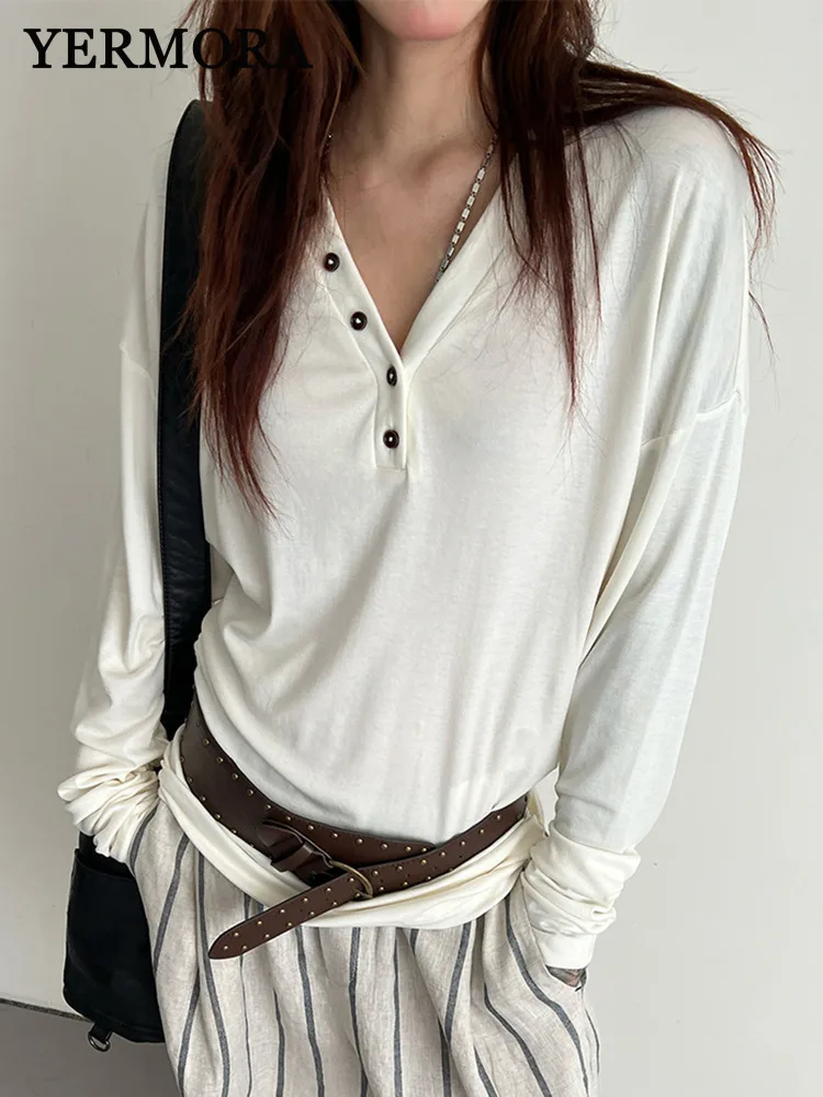 

YERMORA Beige Irregular Button Brief Casual T-shirt For Women V-neck Long Sleeve Loose New Tops Fashion Tide Spring Autumn 2025