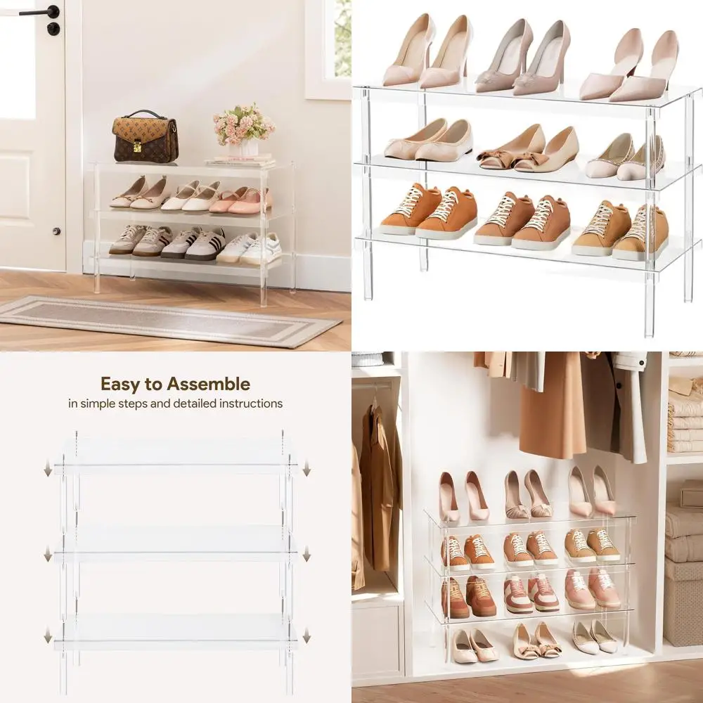

3-Tier Clear Acrylic Shoe Rack Organizer for Closet, Entryway, Modern Free Standing Shoe Storage Display Stand, 27.56L x 11.8W x