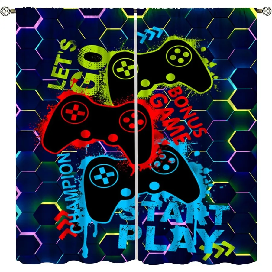 

Gamer Curtains Colorful Graffiti Neon Abstract Geometric Video Gamepad Print Rod Pocket Window Treatments Drapes for Boys Girls