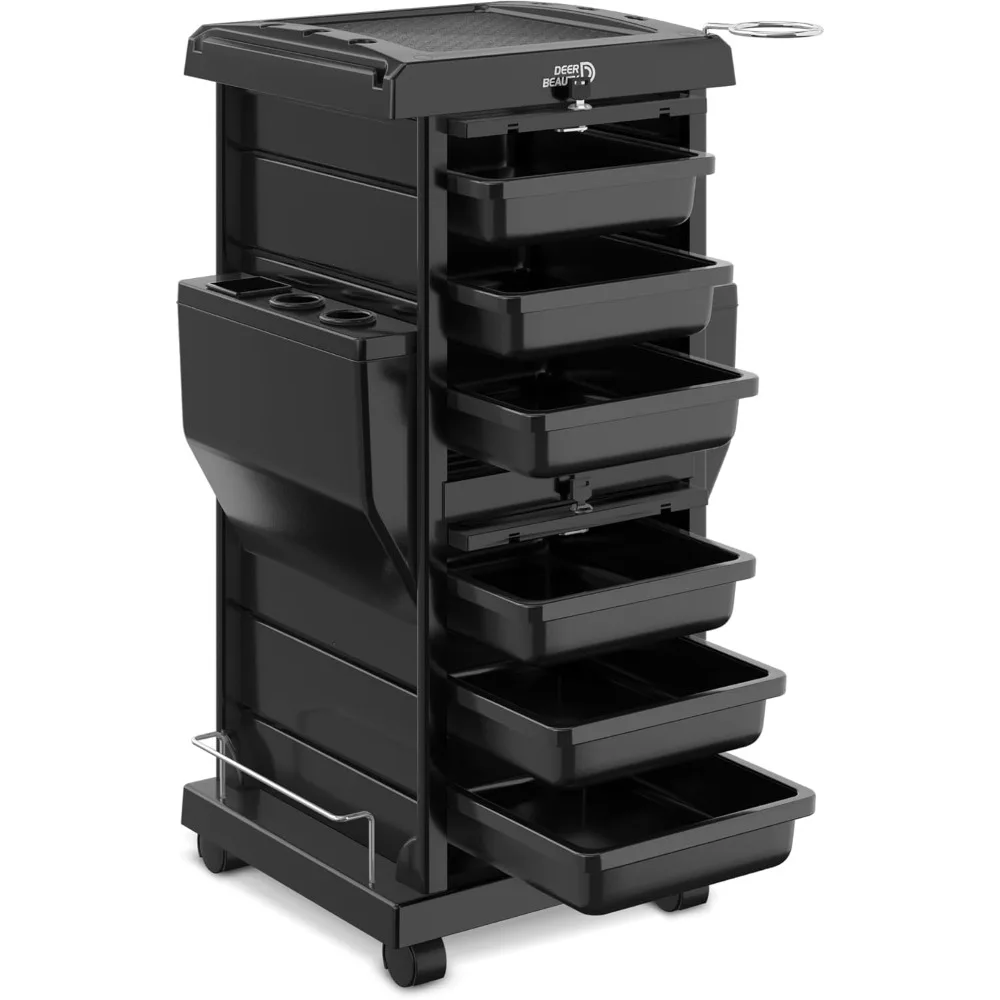 extra storage, top-notch hair/beauty cart, 6 lockable trays, 2 tray holders, premium locking Wheels, pockets, versatile utility